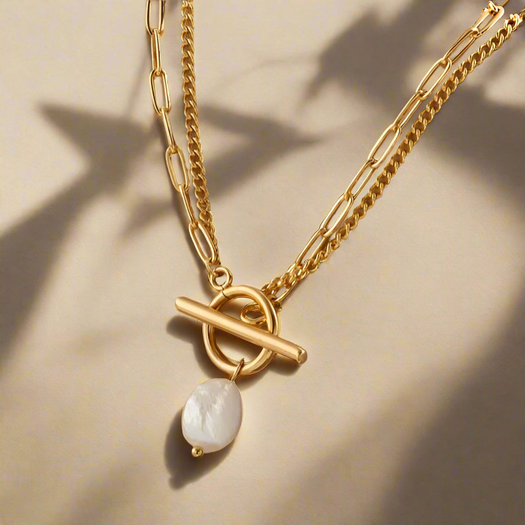Laura 316L Stainless Steel Pearl 18k Gold Plated Pendant Necklace For Women New Girls 2-Layer Chain - 27 Trendstore