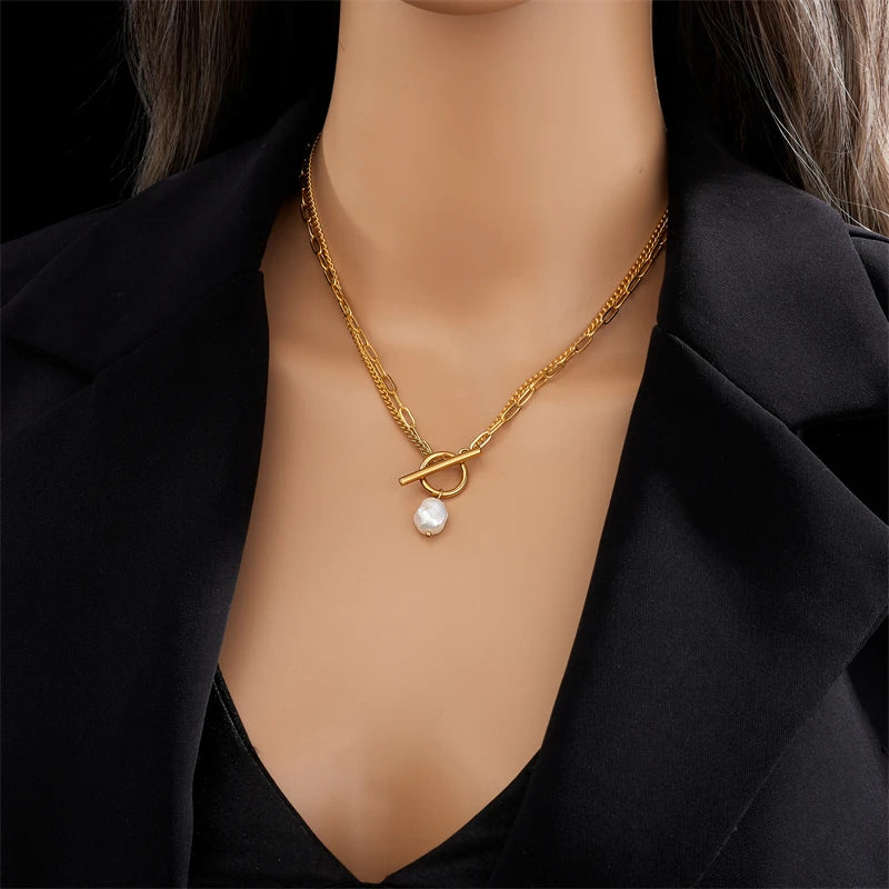 Laura 316L Stainless Steel Pearl 18k Gold Plated Pendant Necklace For Women New Girls 2-Layer Chain - 27 Trendstore